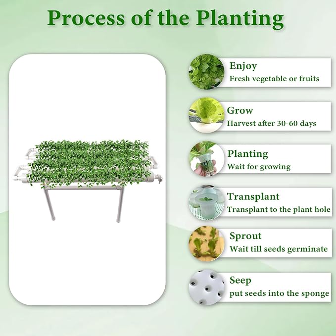 Hydroponic Grow Kit 1 Layer 36 Plant Sites 4 Food-Grade PVC-U Pipes Hydroponics Planting System with Water Pump Pump Timer Nest Basket and Sponge for Leafy Vegetables