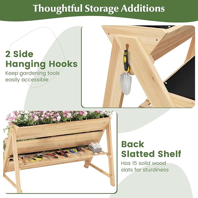 3-Tiers Raised Garden Bed Wooden Garden Planter with 3 Planter Box &amp Storage Shelf 2 Convenient Side Hooks Outdoor Elevated Plant Box Stand with Leg for Flowers Vegetables