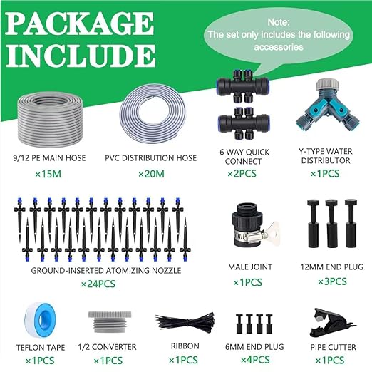 115FT Drip Irrigation Kit24pcs 1/4 inch Tandem atomizing NozzleQuick-Connect Automatic Drip Irrigation SystemSuitable for Watering Plants in Flowerpot Elevated Bed.