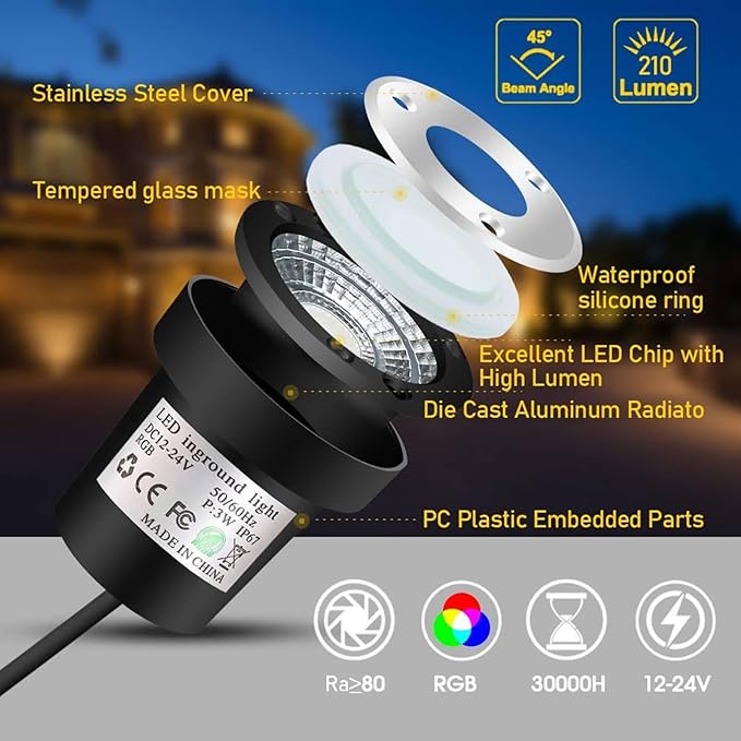 6Pcs Stainless Steel Outdoor Recessed LED Spotlight 3W IP67 Waterproof Garden Buried Light for Landscape Pathway