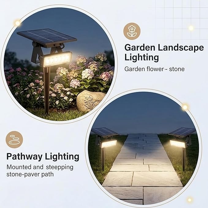 Solar Spotlight Outdoor Single Warm White Solar Garden Light with Adjustable Head and Panel Dual Installation Ground Stake or Wall Mount Auto on/Off Landscape Light for Yard Pathway Patio