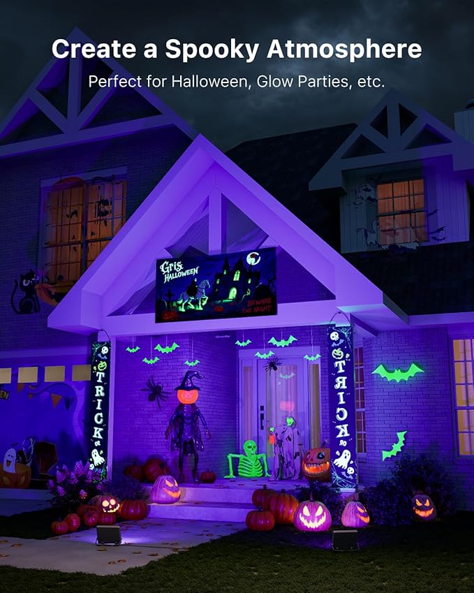 4 Pack 50W Blacklight Flood Lights Wired 120V IP66 Waterproof UV Led Black Lights for Fluorescent Decor 3D Resin Prints Uranium Glass Ultraviolet Poster Purple Ambiance Lighting for Glow Party