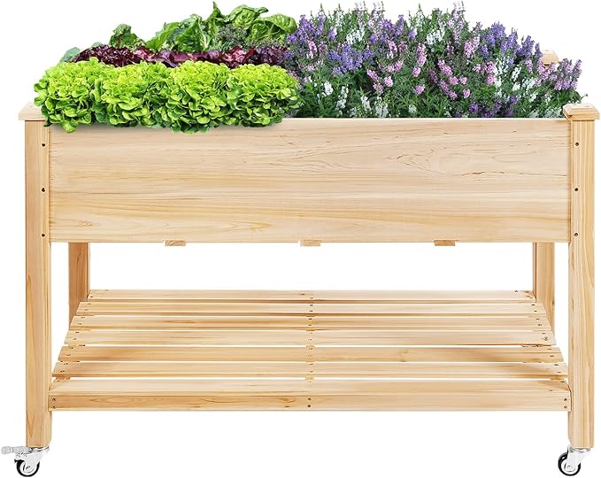 COSTWAY Raised Garden Bed with Wheels Wood Planter Box with Storage Shelf for Vegetables Flowers &amp Herbs Elevated Garden Planter Bed for Backyard Patio Balcony 47.5”L x 23.5”W x 33”H