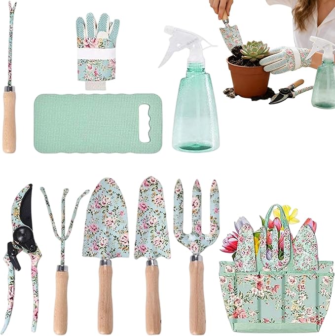 Women's Garden Tools Floral Pattern Hand Tools Rake Trowel Gloves Set Sturdy Small Gardening Kit for Flower Beds Planting Digging Outdoor Yard Home Trimming Ergonomic Comfortable Design