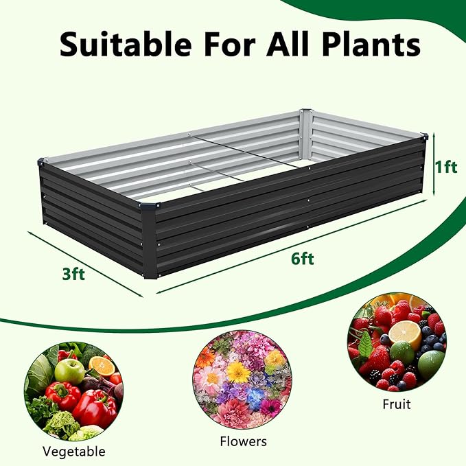2 Pack 6x3x1FT Galvanized Raised Garden Beds Kit Outdoor Metal Gardening Planter Box for Vegetable Elevated Flower HerbsBlack