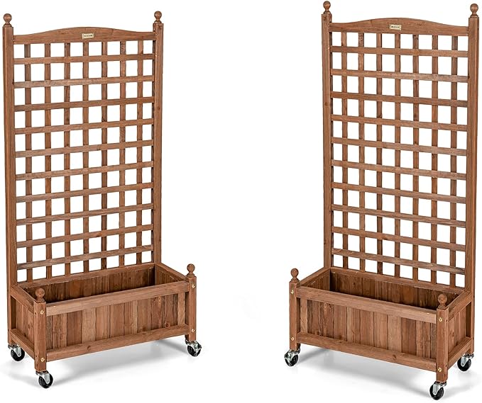 Giantex Set of 2 Mobile Plant Raised Bed Wood Planter with Lattice Trellis and Wheels Flower Box for Plant Climbing Vertical Garden for Balcony Patio Yard 25x11x 50