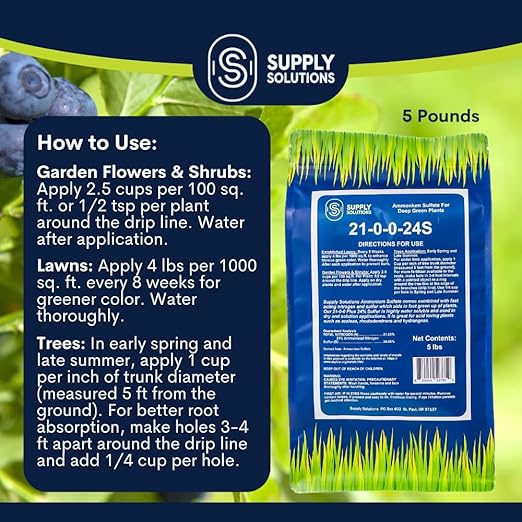 Supply Solutions Ammonium Sulfate Fertilizer 21-0-0 +24% Sulfur for Deep Green Plants - Soil Acidifier for Flowers Trees Lawn Acid Loving - Sulfur for Plants Hydrangea Fertilizer (5 Pounds)