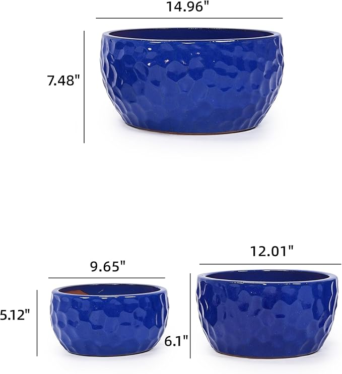 Handmade Ceramic Planter Set of 3 151210 Diameter Cobalt Blue Hammered Texture for Succulents Violets IndoorOutdoor Use on Windowsill Bookshelf Breathable Clay