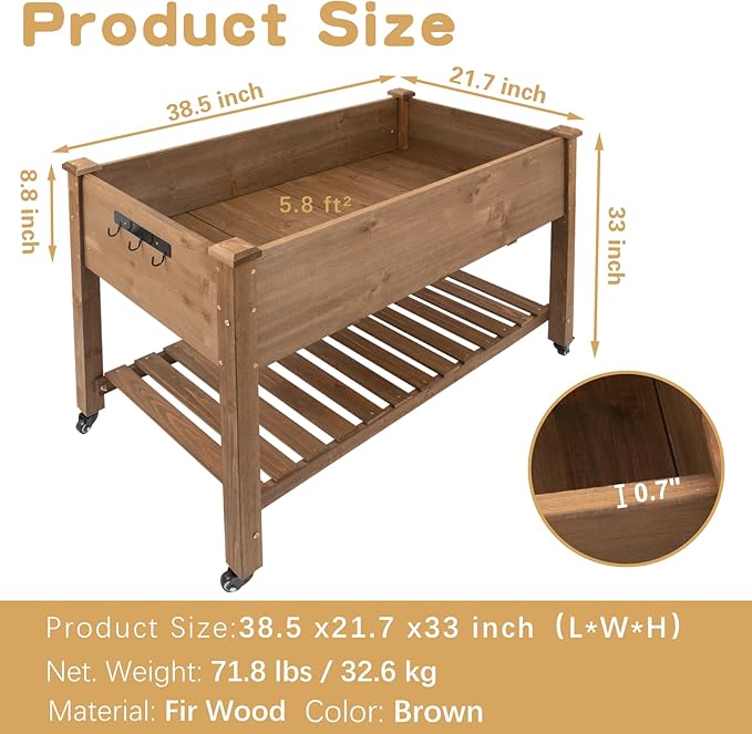 PetsCosset Raised Garden Bed with Wheels Elevated Wooden Planter Box with Bed Liner and Storage Shelf for Vegetables Herbs and Flowers - Brown