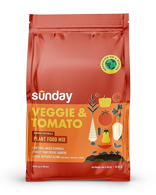 Sunday Garden Naturals Veggie + Tomato Plant Food Mix - Boost Growth in Vegetables Tomatoes &amp Herbs - 5-4-5 NPK Mix - for Indoor &amp Outdoor Use - Feeds for 4-6 Weeks Use While Planting! 4 lb.