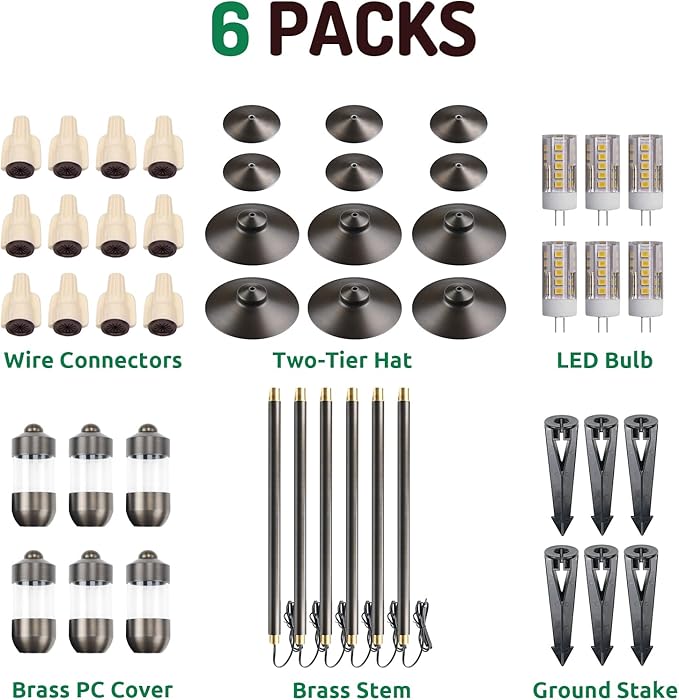 DOSHINE® Solid Brass Low Voltage Landscape Lighting Pathway Lights (8.25 Shade 22 Tall) with Replaceable 3W G4 LED Bulb 3000K AC/DC 12V and Ground Stake for Outdoor Walkway Driveway (DOU 6-Pack)