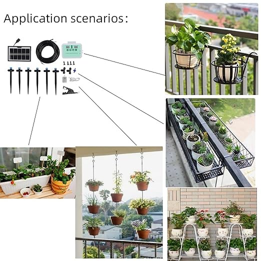 Fockety Drip Irrigation System Solar Automatic Drip Irrigation Kit with Timer Rainwater Collector and Adjustable Nozzle Automatic Watering System for Plants Indoor Outdoor (White)