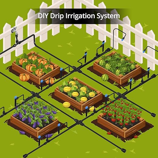 QWORK 230FT Drip Irrigation System Automatic Sprinkler System Kit Garden Watering System 10-Minute Install Microdroplets &amp Adjustable Modes