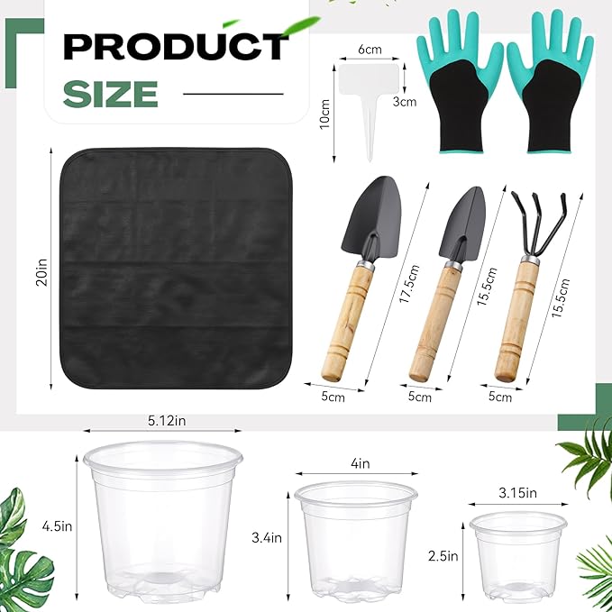 83 Pcs Garden Supplies Tools Kit 3/4/5 Inch Clear Plastic Plant Pots with Transplanting Mat Trowel Cultivator Rake Set Label &amp Glove Succulent Tools Gift for Plant Lovers Accessory