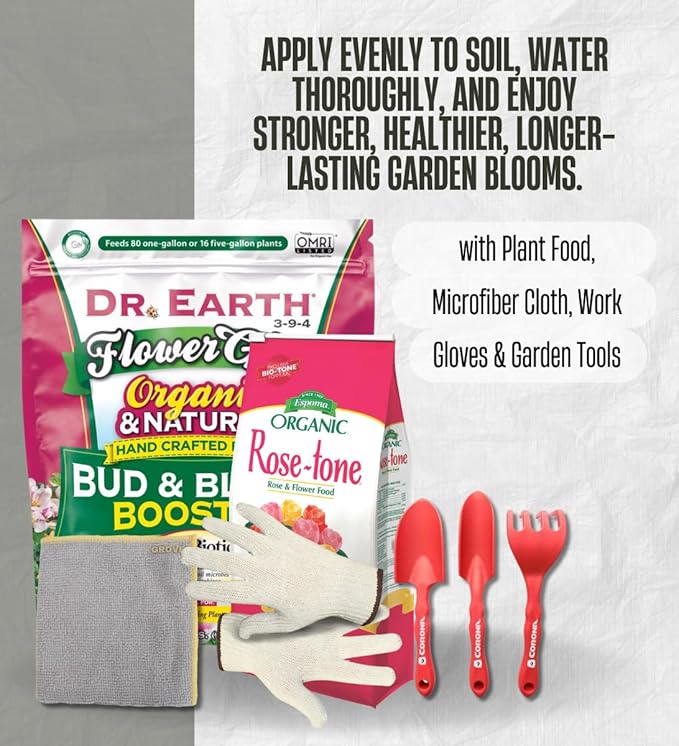 Plant Food by Dr. Earth Granules 4 lb Bundle with Rose-Tone Granules Plant Food 4 lb Microfiber Cloth Work Gloves Garden Tool Set – Granular Fertilizer for Vegetable Garden – Gift Set (5 Items)