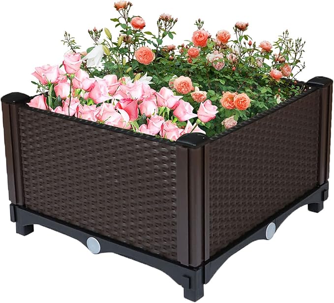 Square Raised Garden Bed Garden Free Splicing Planting Box Outdoor Indoor Planting Container Stylish Rattan Pattern Set of 1 Brown