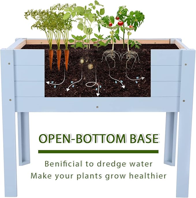 Kids Raised Garden Bed with DIY Chalkboard 30 x 24 x 18 Inch Wooden Elevated Raised Garden Bed for Kids Outdoor Planter Box with Legs for Vegetables Grass Lawn Yard Light Blue