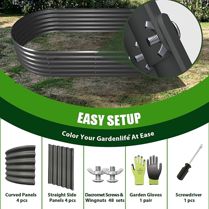 A ANLEOLIFE 4 Pcs 6X2X1.5 ft Oval Round Galvanized Raised Garden Beds Outdoor for Planting Vegetables Flowers Herb Quartz Grey