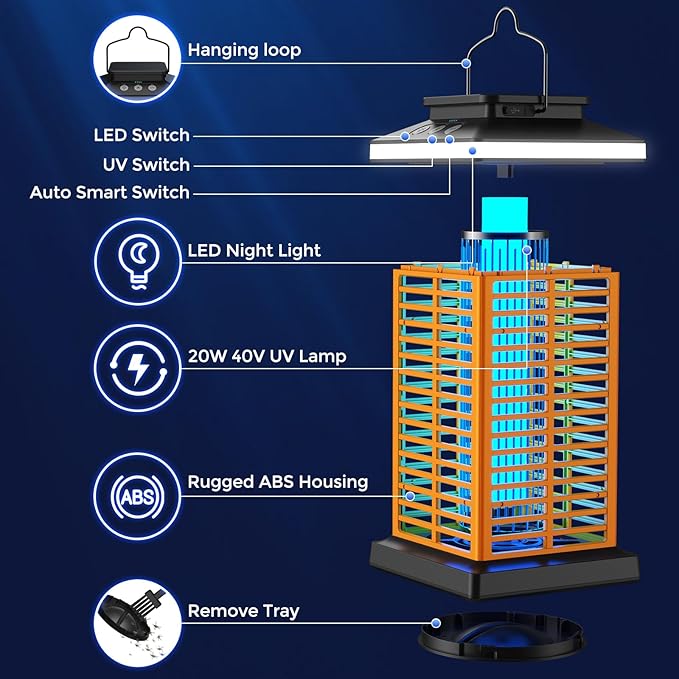 Bug Zapper Outdoor Mosquito Zapper 2 in 1 Portable &amp Rechargeable Bug Zapper Outdoor with 5000mAh Battery &amp LED Night Light 4000V Electric Fly Zapper for OutsidePatioBackyardGarden Yellow