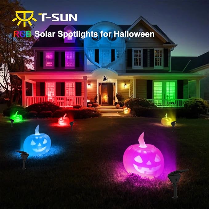T-SUN Solar Spotlights Outdoor Color Changing Landscape Lights Halloween Lights Outdoor IP65 Waterproof Landscape Lighting Auto On/Off for Garden Yard Lawn Pathway 12-Pack