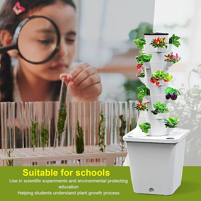 Indoor Hydroponic Growing System Tower 25 Holes Vertical Garden for Vegetables Fruits with LED Grow Lights Auto Water Circulate Home School Balcony Planting (US Plug)