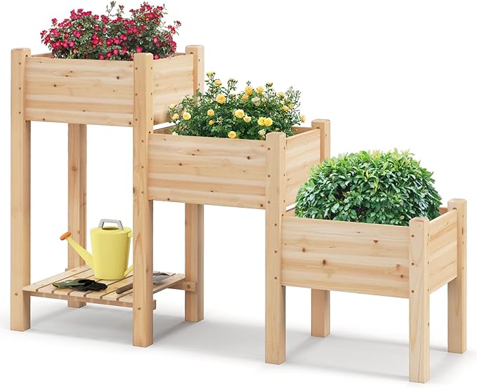 S AFSTAR 3-Tier Wooden Raised Garden Bed Elevated Garden Planter with 3 Planter Boxes Open Storage Shelf Drainage Holes Outdoor Vertical Plant Container for Vegetables Flowers Herbs Growing
