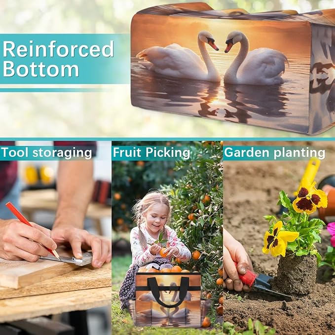 Sunset Beautiful Swans Garden Tool Bag Waterproof Garden Tool Storage Bag Heavy Duty Oxford Gardening Tool Bag with Handle &amp 10 Pockets for Men Women Outdoor Garden Lawn Yard