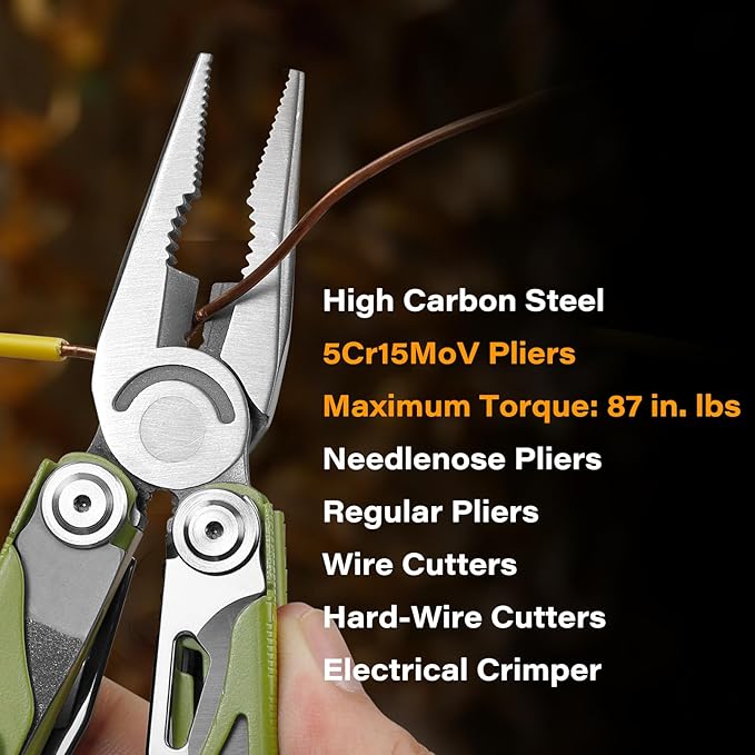 Multitool 21-in-1 Multi Tool Pliers with Safety Locking and Spring-Action Scissors Heavy-duty Stainless Steel Multi-tool Set with Nylon Sheath for Work Home Garden DIY &amp Auto Olive Green
