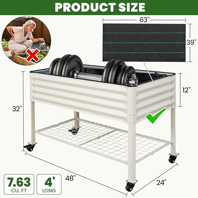 Elevated Raised Garden Bed 2' x 4' - Galvanized Planter Boxes with Legs Wheels and Storage Rack Outdoor Planters for Backyard/Patio/Balcony with Drainage Holes for Vegetables Flowers Herbs White