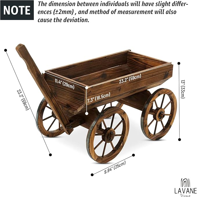 Wood Wagon Movable Planter Box LA VANE Wooden Rustic Garden Flower Pot Stand DIY Rolling Cart Wheelbarrow Raised Bed with Wheels &amp Drainage Hole for Indoor Outdoor Décor Patio Balcony Backyard