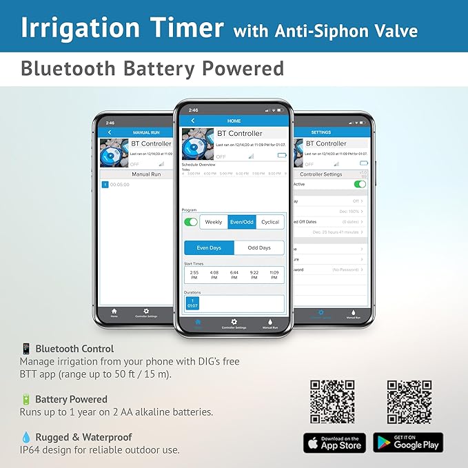 DIG BTC-ASV Bluetooth Battery Powered Weatherproof Wireless Irrigation Controller w/ Anti Siphon Valve - Smart Easy-to-Use Compatible with Residential Drip and Sprinkler Irrigation Systems
