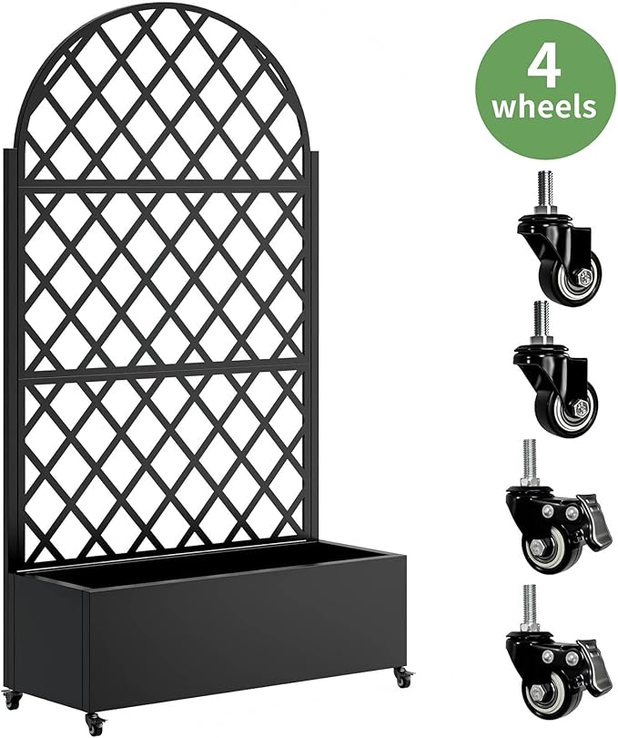 Metal Planter Box with Trellis 73-Inch Tall Raised Garden Bed with Wheels Privacy Screen Planter for Climbing Plants Vegetables &amp Vines Galvanized Steel Outdoor Privacy Shield Black (Round)