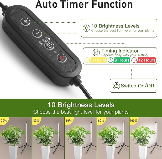 Grow Light for Indoor Plants with Auto On Off Timer 10 Dimmable Levels 40W 162 LEDs Full Spectrum Vertical Plant Grow Light Lamp Large Illumination Area 20-50 inch Height Adjustable