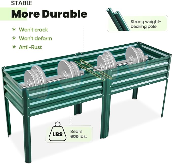 KING BIRD Raised Garden Bed with Legs Galvanized Large Elevated Planter Box for Backyard Patio Balcony 600lb Capacity Green 70.9x22.8x31.5 in