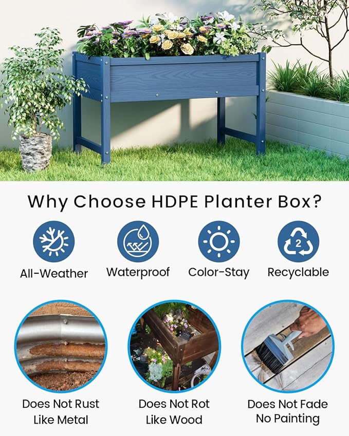 HDPE Raised Garden Bed with Legs Outdoor All-Weather Elevated Planter Box Raised Beds for Seeds Herb Flower Vegetable (Navy Blue)