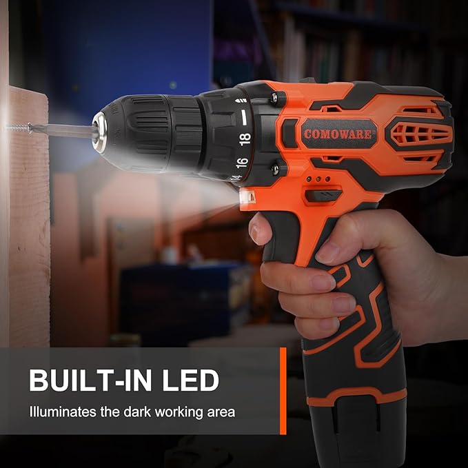 COMOWARE Cordless Drill Set 12V Power Drill with Battery &amp Charger 3/8 Keyless Chuck 23Pcs Driver Bits Orange Storage Bag included