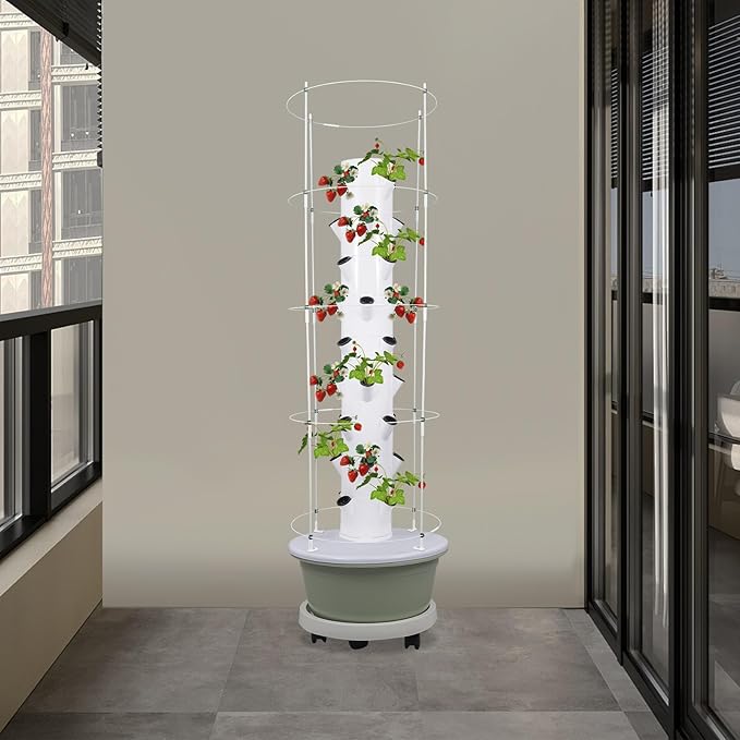 Hydroponic Growing Tower with Climbing Trellis 30L Water Tank &amp Automatic Timer Indoor Outdoor Vertical Garden System for Vegetables Herbs Strawberries (Light Green - 36 Holes)