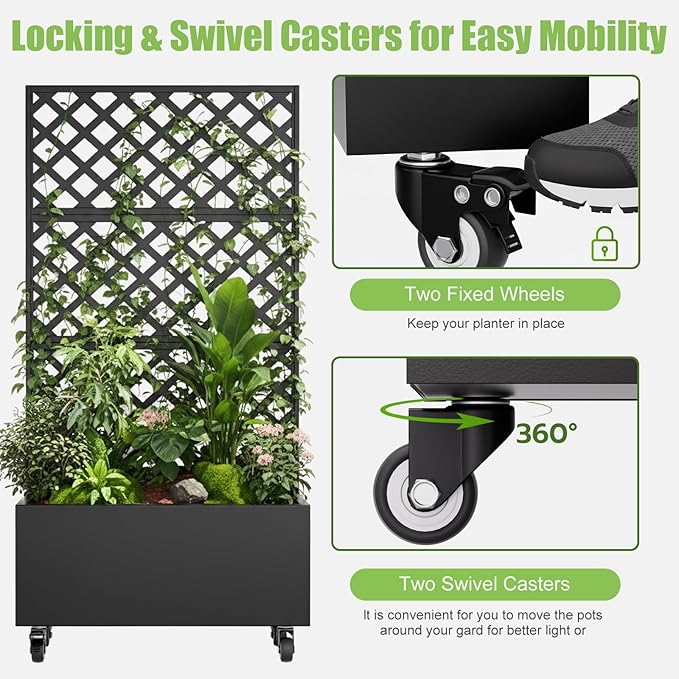 72 Metal Planter Box with Trellis Tall Outdoor Planter Box Raised Garden Bed on Wheels for Climbing Plants Outdoor Flower Planter with Drainage &amp Lockable Casters