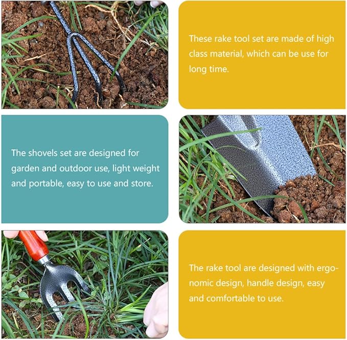 HEMOTON 5pcs Garden Tool Set with Shovel and Rake for Home Planting Sturdy Steel Construction Comfortable Handle Suitable for Flower Beds and Vegetable Gardens