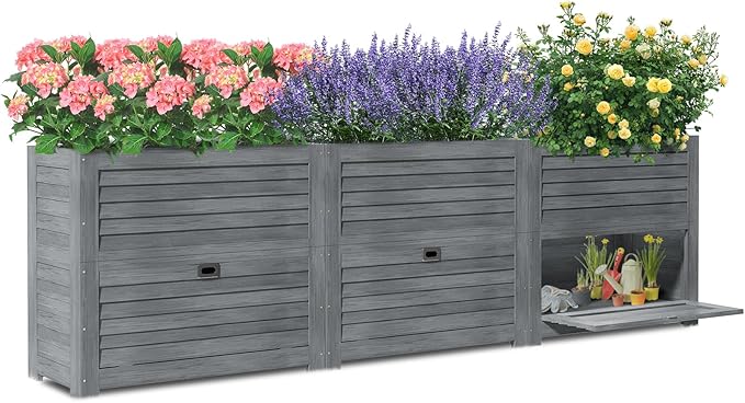 Raised Garden Bed with Extra Storage Compartments Outdoor 34 x 18 x 30 Wood Elevated Garden Box Wooden Planter Box for Herbs Vegetables Flowers Backyard Patio Balcony