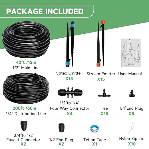240FT Drip Irrigation System Kit Automatic Garden Watering System for Plant Greenhouse Yard Lawn with 1/2 inch 1/4 inch Irrigation Tubing Hose and Accessories