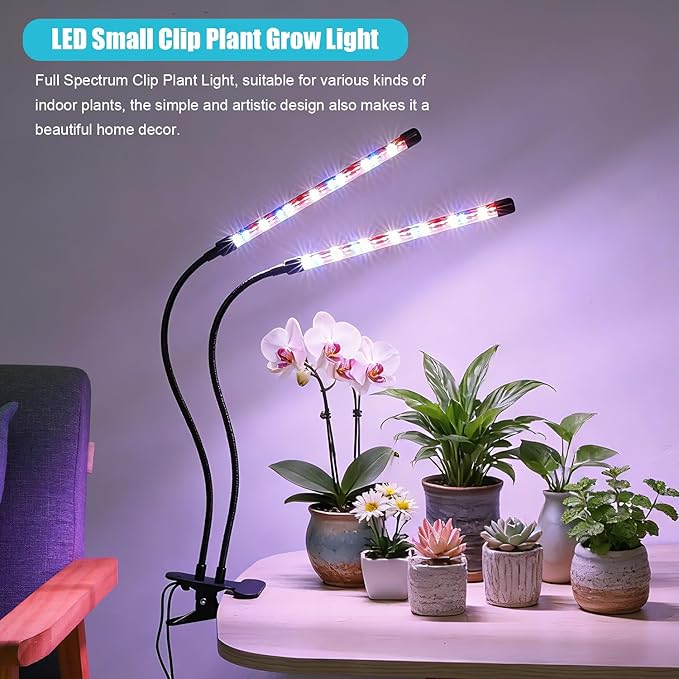 Grow Light for Indoor Plant Full Spectrum Clip Plant Lamp with Red Blue White Light Plant Growing Light with Adjustable Gooseneck 4/8/12/18H Timer 10 Brightness Levels 3 Lighting Modes 2 Pack