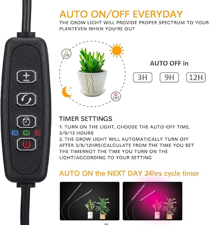 SagaSave LED Grow Light for Indoor Plants Full Spectrum Clip Single Head Plant Growing Lamp with 3 Light Modes and 3 Timing Levels 3/9/12 Hr Auto On Off (1 Head)