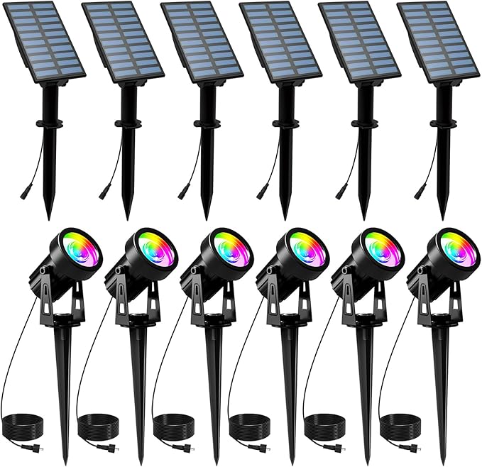 T-SUNUS Halloween Color Changing Solar Landscape Spotlights 6 Pack IP65 Waterproof Christmas Lights 9.8ft Cable Outdoor RGB Spot Light Separated Panel for Flag Tree Yard Garden Driveway Walkway Pond