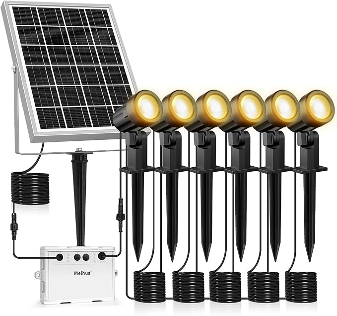 MEIHUA Solar Spot Lights Outdoor 6 in 1 Solar Landscape Spotlights 2700K Warm White 3 Lighting Modes &amp 3 Brightness IP66 Waterproof Spotlights Outdoor Garden for Pathway Driveway Yard Tree