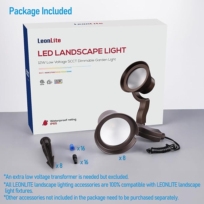 LEONLITE 8-Pack 12W/7.3W/3.7W Dimmable 5CCT LED Low Voltage Landscape Lights Wall Wash Landscape Lighting Outdoor 12V Landscape Spotlight ETL Aluminum IP65 Waterproof
