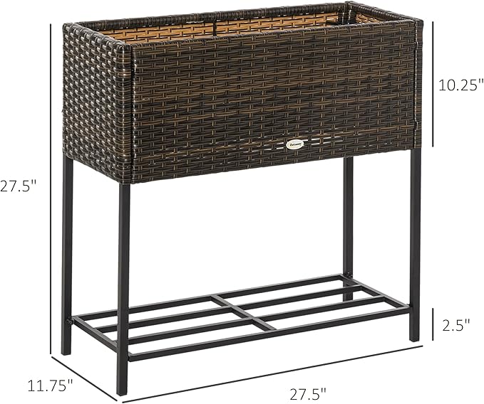 Outsunny Raised Garden Bed Elevated Planter Box with Rattan Wicker Look Tool Storage Shelf Portable Design for Herbs Vegetables Flowers Brown