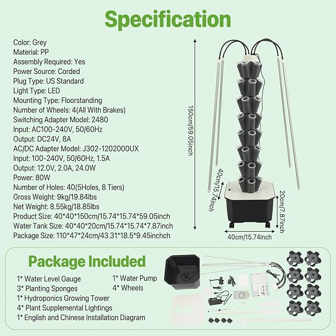 Hydroponic Growing System Kit 40 Plants 5-Layer Vertical Hydroponic Tower with LED Light Vertical Hydroponics Garden Tower with Pump &amp Water Level Gauge for Herbs Vegetables Fruits (Grey)