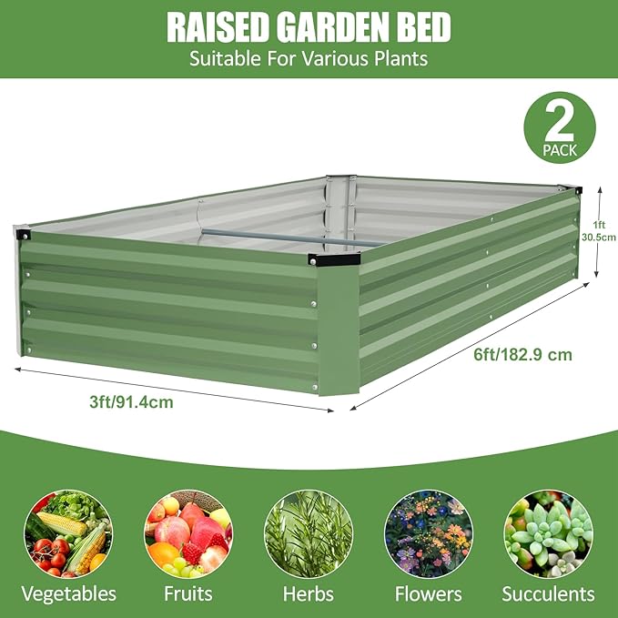Galvanized Raised Garden Bed Outdoor | Metal Raised Garden Bed for Gardening 2Pack | Large Planter Box for Vegetables Flowers Fruits | Easy Assembly &amp Safety Design Flower Beds 6x3x1ft Olive Green