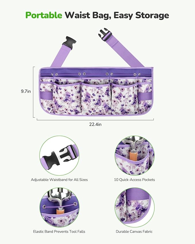 All-in-One Garden Tool Set with Tools Organizer Belt Adjustable 10-Piece Gardening Hand Tools Long Lasting Rust-Proof Premium Garden Tool Kit Gardening Gift for Women Men (Purple)